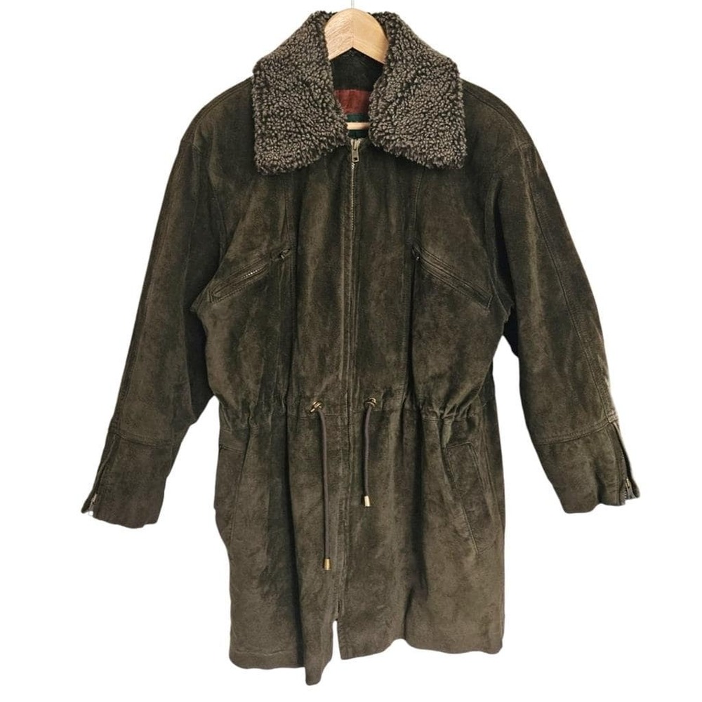 Vintage‎ Danier Olive Green Suede Leather Oversized Anorak Jacket Sherpa Collar